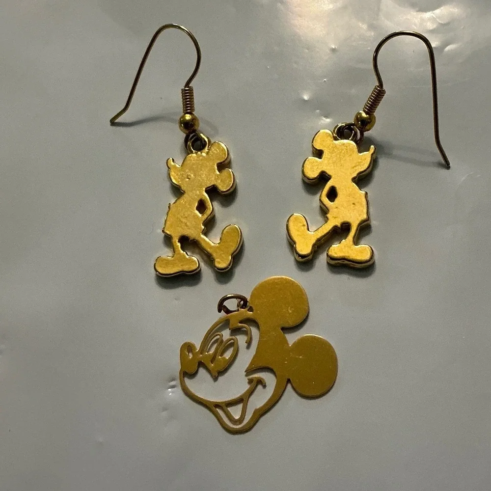 Disney Mickey Mouse Gold Tone Jewelry Set Dangle Earrings and Cutout Pendant